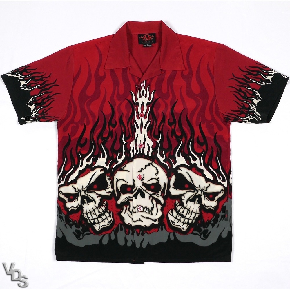VTG Dragonfly Skulls & Flames Lounge Shirt Men's S ~ Short Sleeve /Rockabilly